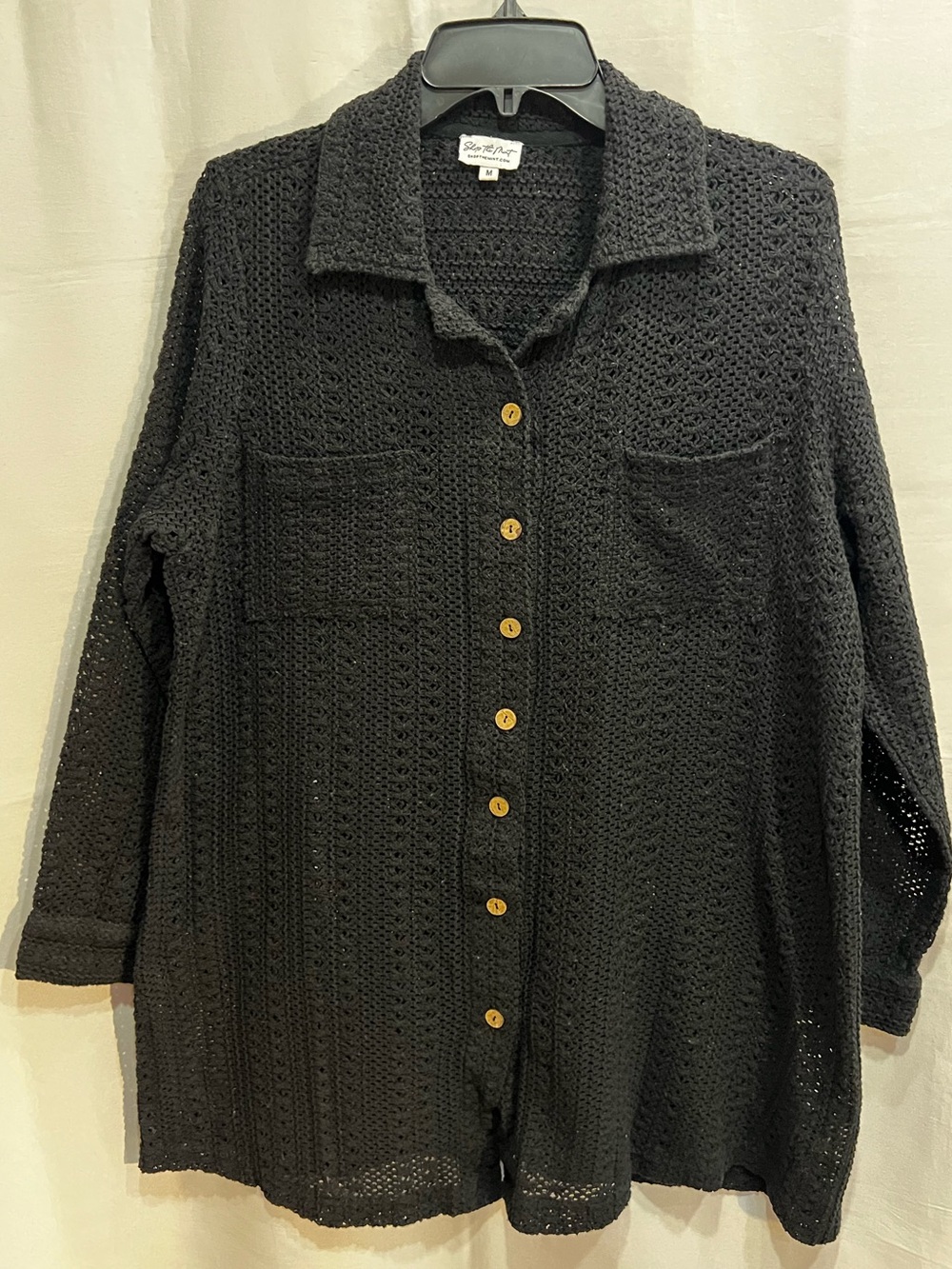 Shop the Mint Swim Coverup Black Crochet Long Sleeve Button Front Size M